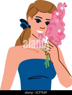 Schöne Frau, die rosa Blumen hält und lächelt Stock Vektor