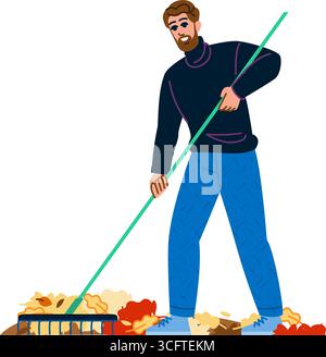 Gärtner, der Herbstblätter im Garten harkt, Reinigungsservice Stock Vektor