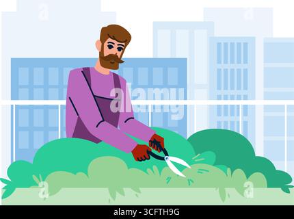 Gärtner schneidet Pflanzen auf dem Dachgarten mit Blick auf die Stadt Stock Vektor