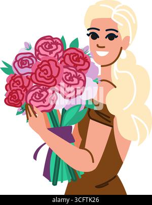 Lächelnde blonde Frau, die einen Strauß aus Rosen und Pfingstrosen hält Stock Vektor