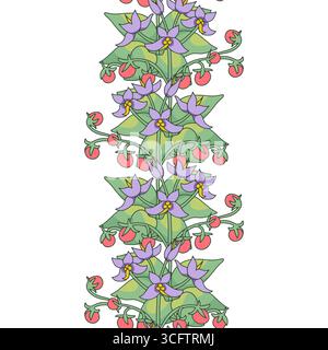 Streifenmuster mit Linienart kanarische Inseln Blumen Teneriffa Nachtschatten. Nahtloser, vertikaler Rand mit Blumenmuster und handgezeichnetem Millefleur Stock Vektor