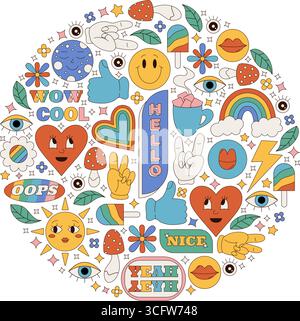 Grooviger Y2K-Kreis mit Aufkleber Smiley Stock Vektor