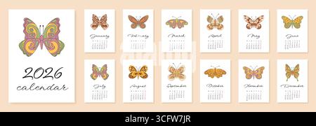 Grooviges Retro 2026 Jahre Schmetterlingskalender-Set Stock Vektor