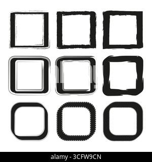 Handgezeichnete quadratische Rahmen. Ränder für raue Pinselstriche. Grunge-Doodle-Elemente. Künstlerische Vektorskizze. Stock Vektor