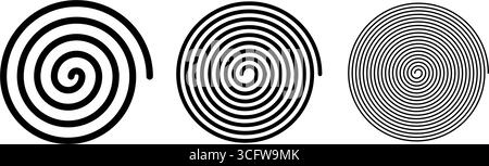 Spiralsymbole mit Linien unterschiedlicher Dicke. Schwindeleffekt. Hypnotische psychedelische Muster. Symbole für Whirlpool, Schwindel, Tornado oder Trichter. Archimedische Kurvenformen. Vektorgrafik. Stock Vektor