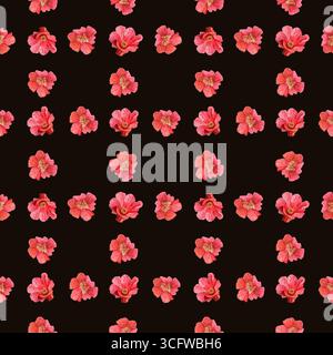 Rote Granatapfelblüten auf schwarzem Hintergrund. Nahtloses Blumenmuster in Aquarellfarben. Elegantes, lebendiges botanisches Design, perfekt für Textildrucke und Geschenke Stockfoto