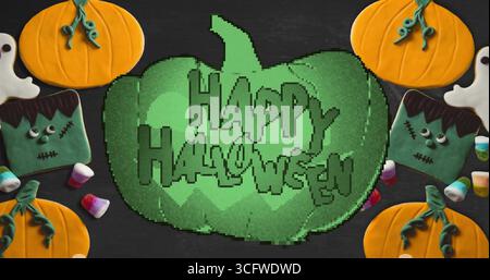 Gepixeltes grünes Kürbisbild mit Halloween-Bonbons und Dekorationen Stockfoto