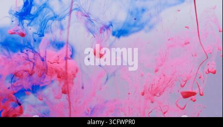 Rauchwasser. Sprühfarbe. Blaue rosa rote Tinte tropft in Flüssigkeit. Art-Blob-Farbstoff-Dunst löst defokussierte Farbexplosion weißen Hintergrund auf. Stockfoto