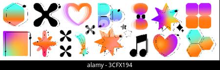 Y2K lebendige Verlaufsformen und Symbole mit Regenbogenfarben – Herzen und Sterne, Sechsecke und musikalische Noten. Ästhetische geometrische Elemente im Retro-Neon-Cyber-Look für nostalgische digitale Kunst oder trendige Designs. Stock Vektor