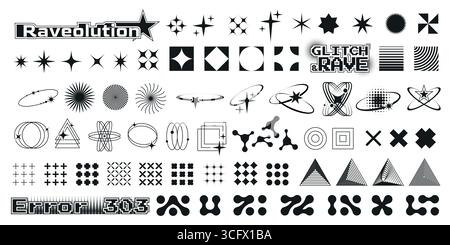 Techno-Poster y2k Retro-Designelemente mit Sternen, Glitch-Effekten und geometrischen Formen für Rave-Flyer. Orbitalringe, Pixelmuster und abstrakte Symbole mit Fehlertext für futuristische Partygrafik Stock Vektor