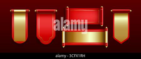 Chinesische Papierbanner mit goldenem Metallic- und Karmesinrand für zeremonielle Dekoration oder Festivalankündigungen. Vertikale und horizontale antike traditionelle orientalische Pergamentsammlung. Stock Vektor