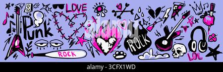Punk Rock-Grafiken mit Skull und Gitarre, Herzen, Blitz und Love Text für rebellisches Design. Kantige Graffiti-Elemente mit Flammen, Sternen und Musiknoten für alternative Poster oder Street Art. Stock Vektor