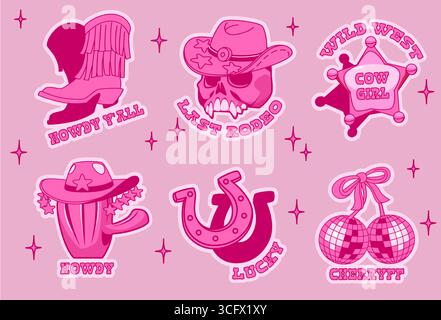 Pinkfarbenes Disco-Cowgirl-Sticker-Set mit Hufeisen, Kirschspiegelkugeln, verziertem Westernstiefel und Hut auf dem Schädel. Retro-Country-Design für Partydekorationen oder Scrapbooking. Funkelt in lebendigem Design. Stock Vektor