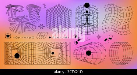 Cyber Retro Grid Kollektion mit geometrischen Formen und Drahtmodellelementen auf verlaufendem Hintergrund für futuristisches Design. Abstrakte Tech 3D-Würfel, Zylinder und Wellen für ästhetische Vaporwave-Kunst. Stock Vektor