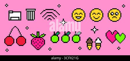 Pixel Icon y2k-Kollektion mit Retro-Computergrafik – lächelnde Emoticon-Gesichter und Kirschen, Erdbeeren und grüne Äpfel, Eiskegel und Herzen auf rosa Hintergrund für nostalgisches digitales Design. Stock Vektor