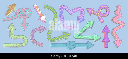 Verspieltes Retro-Pfeilset mit bunten Mustern und funkigen Formen für Vintage-Design oder Navigationsgrafiken. Geschwungene, gerade und spiralförmige Zeiger mit verschiedenen dekorativen Motiven. Lustige Richtungselemente Stock Vektor