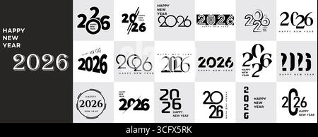 Set mit Happy New Year 2026-Logo-Designvorlage. Vektorillustration für Kalender, Einladungen, Grußkarten, Banner, Poster Mega Set Stock Vektor