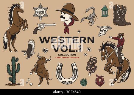Western Cowboy Vector Illustration Collection Vol.1 Stock Vektor