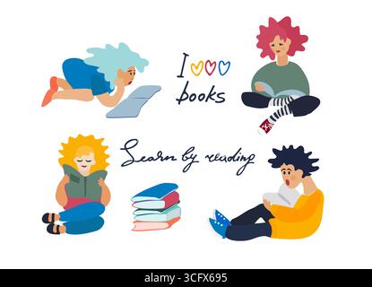 Kinder lesen Bücher. Satz von Vektorabbildungen in abgewickelter Form. Motivierende handgeschriebene Slogans. Lesemotivationskonzept Stock Vektor