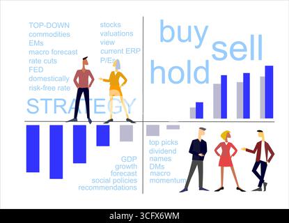 Konzept der Equity-Strategie. Teamwork auf der Börsendarstellung. Handgezeichnete Geschäftsleute, Marktbedingungen, Säulendiagramm. Isoliert auf dem weiß Stock Vektor