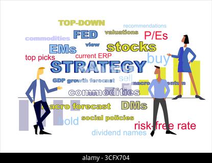 Konzept der Equity-Strategie. Teamwork auf der Börsendarstellung. Handgezeichnete Geschäftsleute, Wortwolke von Marktbegriffen, Säulendiagramm. Isoliert auf dem Stock Vektor