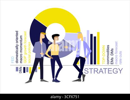 Konzept der Investitionsstrategie. Makroforschung. Teamwork. Handgezeichnete Geschäftsleute, Marktbedingungen, Säulendiagramm. Isoliert auf dem weiß Stock Vektor