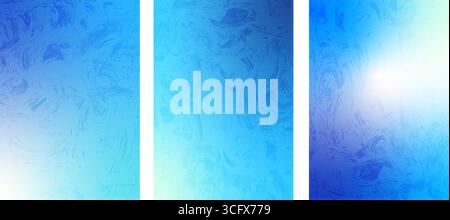 Satz gefrorener Glashintergründe. Blaue Farbverläufe sind mit Eisrauschen bedeckt. Weihnachtsfenster mit kalten Fenstern für Social Media. Vertikale Gradatio Stock Vektor