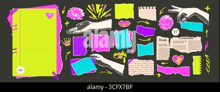 Zerrissene Papiere mit Fotokopierhänden und Blumenset. Tränenblatt-Punk-Stücke-Pack mit Punk-Doodles. Leere Leerzeichen für Notiz. Scrapbooking Collage Papier CAL Stock Vektor