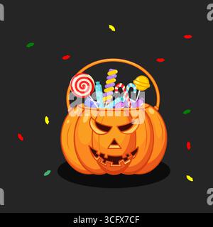 Gruselige Halloween Kürbis Korb Eimer voller Süßigkeiten Vektor Illustration Cartoon Stock Vektor