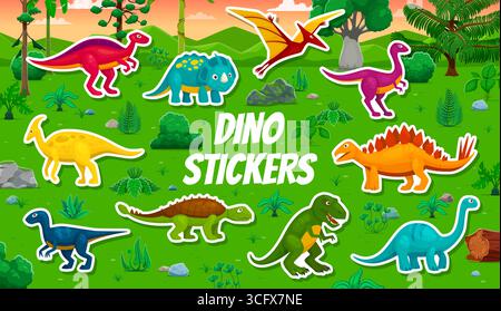 Zeichentrickfilm prähistorische Dinosaurier Aufkleber Packung mit jurassischen Dino-Echsen, Vektor-Kinderspielzeug. Lustige kleine Baby-Dino-Aufkleber im Dschungel-Waldpark, niedliche Eidechsen, Reptilien und Dinosaurier für Kinderspiele Stock Vektor