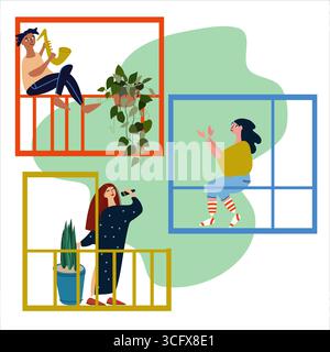 Leute, die von ihrem Balkon aus musikalische Auftritte machen. Soziale Distanzierung während der COVID-19-Pandemie Stock Vektor