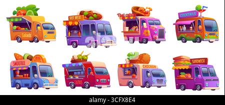 Cartoon Street Food Truck, Vintage Festival Foodtruck Vans mit Salaten, warmen Mahlzeiten, thailändischen Speisen, Cocktails, Smoothies, Tapas, Huhn, Sandwiches, Street Food-Gerichte und Snacks zum Mitnehmen Stock Vektor