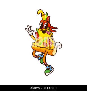 Cartoon groovige Pizzablättchen Piraten-Fast-Food-Charakter. Vector Corsair Retro-Persönlichkeit für Fastfood-Menü. Der flippige Hippie-Freebooter trägt ein rotes Bandana und eine winkende Hand. Lustige Filibuster-Pizza, leckerer Snack Stock Vektor