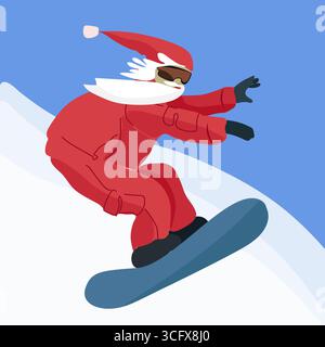 Snowboarder in santa-Outfit rutscht den Berghang hinunter. Handgezeichnete Vektorillustration in flacher Form Stock Vektor
