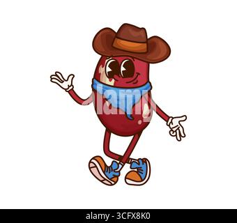Cartoon-groovige rote Bohnen-Cowboy- oder Banditenfigur. Lustige Vektor-Nierenkerne Räuber oder Ranger Person trägt breit krempelte Hut, Halstuch und Stiefel. Isolierter Fantasy-Abenteurer, mutiges gesundes Essen Stock Vektor