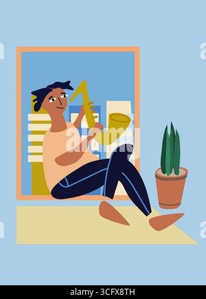 Ein Mann spielt Saxophon am Fenster. Konzert zu Hause. Kreative Aktivität. Soziale Distanzierung während der COVID-19-Pandemie Stock Vektor