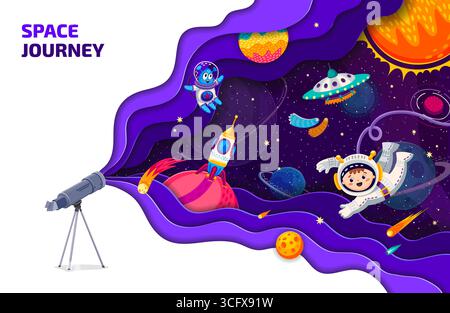 Papier geschnittene Galaxie-Weltraumlandschaft mit Ufos, außerirdischen Planeten und Astronauten. Vektorkosmische Papercut-Szene, die ein Teleskop zeigt, das eine fantasievolle Weltraumreise mit Kosmonauten, Kometen, Raketen projiziert Stock Vektor