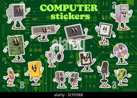 Cartoon groovige Computer-Geräte-Zeichen Aufkleber Pack. Vektorsatz mit pc-Hardware und Zubehör auf einem Leiterplattenhintergrund. Y2K Retro Laptop, Tastatur, Monitor, Maus, usb, Lautsprecher, Diskette Stock Vektor