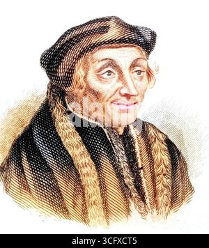 Desiderius Erasmus von Rotterdam (* 28. Oktober 1466/1467/1469 in Rotterdam, gestorben am 11/12. Juli 1536 in Basel) war ein niederländischer Polymath: Theologe, Philosoph, Philologe, Priester, Autor und Herausgeber von 444 Büchern und Schriften aus dem Buch Crabbe's Historical Dictionary, 1825, historisch, farbig, digital restauriert Reproduktion eines Originals aus dem 19. Jahrhundert, Datum nicht angegeben Stockfoto