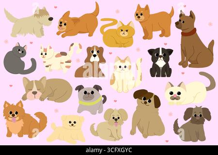 Tierliebhaber-Feier mit niedlichen Hunden und Katzen in einer verspielten Umgebung. Vektorabbildung Stock Vektor