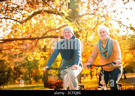 Senioren-Paar erholt sich im Herbstpark im Freien Stockfoto