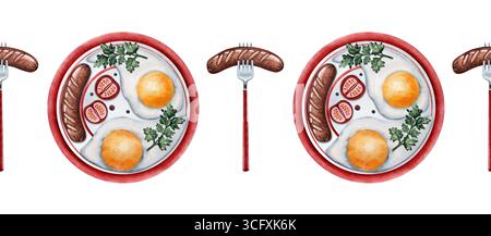 Frühstück Aquarell nahtlose Grenze Spiegelei, Wurst, Toast, Tomaten, Kaffee, Teller, Knoblauch, Abbildung Stockfoto