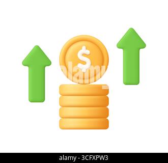 Stapel goldener Münzen mit einem Dollarsymbol und zwei grünen Pfeilen nach oben. Finanzwachstum, Einkommenssteigerung, Anlagerenditen, Gewinnsteigerung, Wirtschaft, Stock Vektor