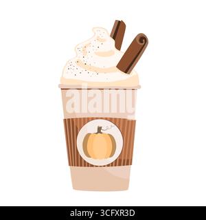 Kürbis-Gewürz-Latte, Herbstkaffee in einem Pappbecher. Vektor-isolierte Abbildung Stock Vektor