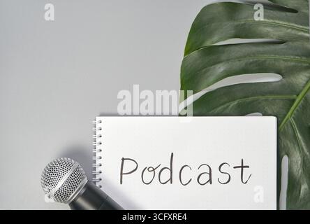 Mikrofon und Notebook mit Podcast-Text auf grauem Hintergrund mit großem grünen Blatt. Stockfoto