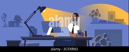 Geschäftsmann arbeitet spät Büro Schreibtischlampe Computer Nacht Arbeitsplatz Pflanzen modernes Interieur blau gelb Farbschema Website Banner Stock Vektor