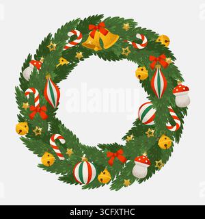 Weihnachtskranz mit Sternen und Vintage-Weihnachtsschmuck. Vektor isolierte Illustration im trendigen Retro-Stil Stock Vektor