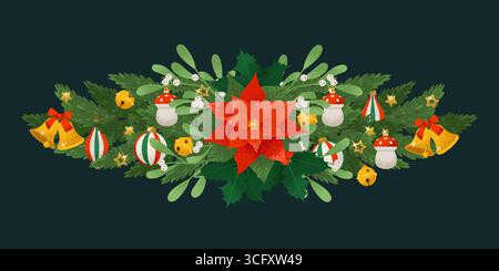 Weihnachtsbaumzweige mit Beeren, Sternen und Ornamenten dekoriert. Vektorillustration im trendigen Retro-Stil Stock Vektor