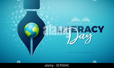 Internationale Alphabetisierungstag Banner Illustration mit Typografie Schriftzug, Stift und Erdkugel auf blauem fliegendem Alphabet Hintergrund. Vektorschulung Stock Vektor