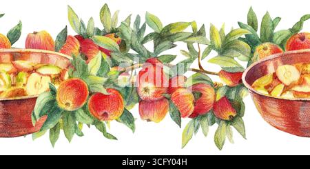 Rote reife Äpfel mit Blättern am Zweig, runde Kupferpfanne mit Marmelade und Holzgriff. Nahtloser Rand des Farbstifts. Für Kochbücher, Kücheneinrichtung, Res Stockfoto